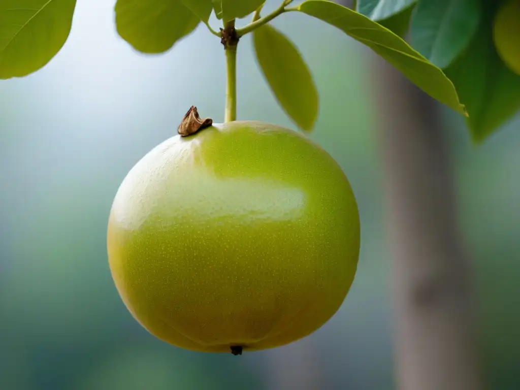 Detallada imagen de una madura fruta del monje colgando de una rama, resaltando su forma redonda y piel arrugada