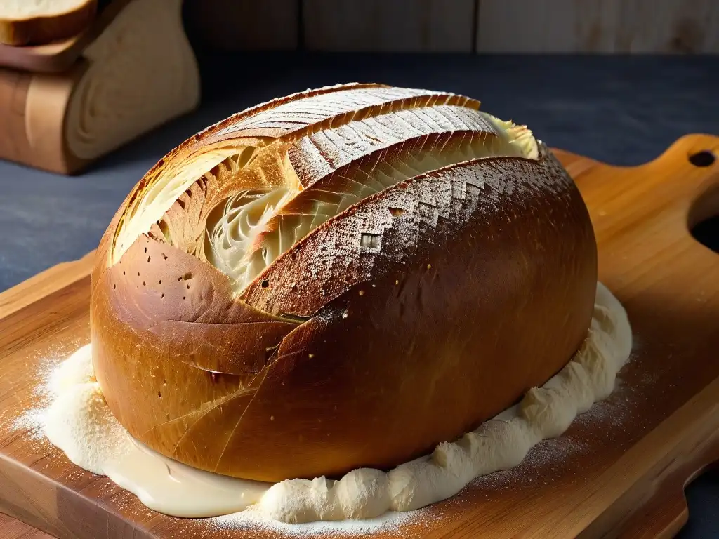 Detallada imagen de pan de masa madre con corte perfecto en tabla rústica de panadería artesanal