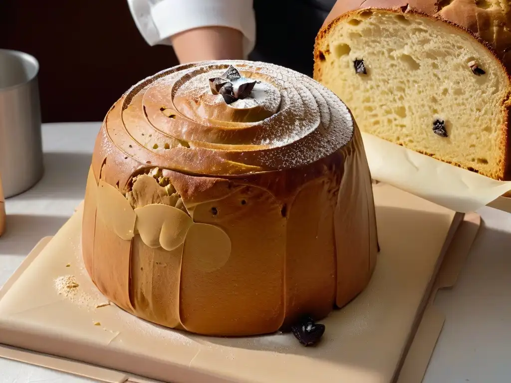 Detallada imagen del panettone premium, con levaduras especiales, amasado a mano con cuidado y textura elegante