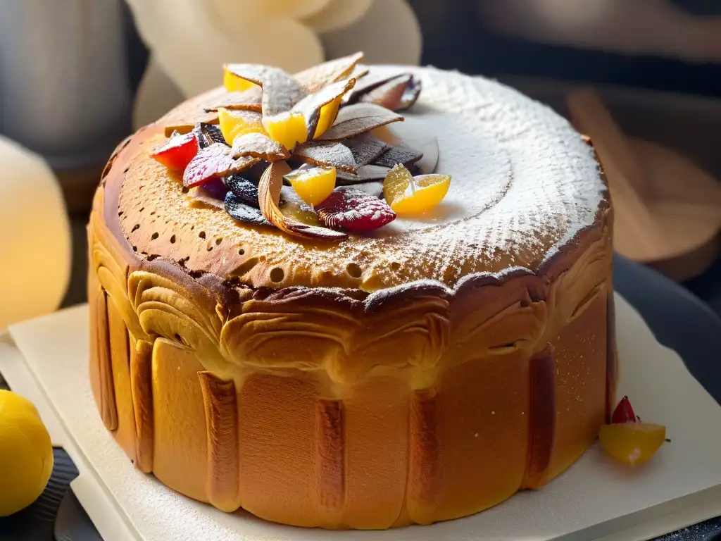 Detallada imagen de un Panettone recién horneado con corteza dorada, frutas confitadas y almendras