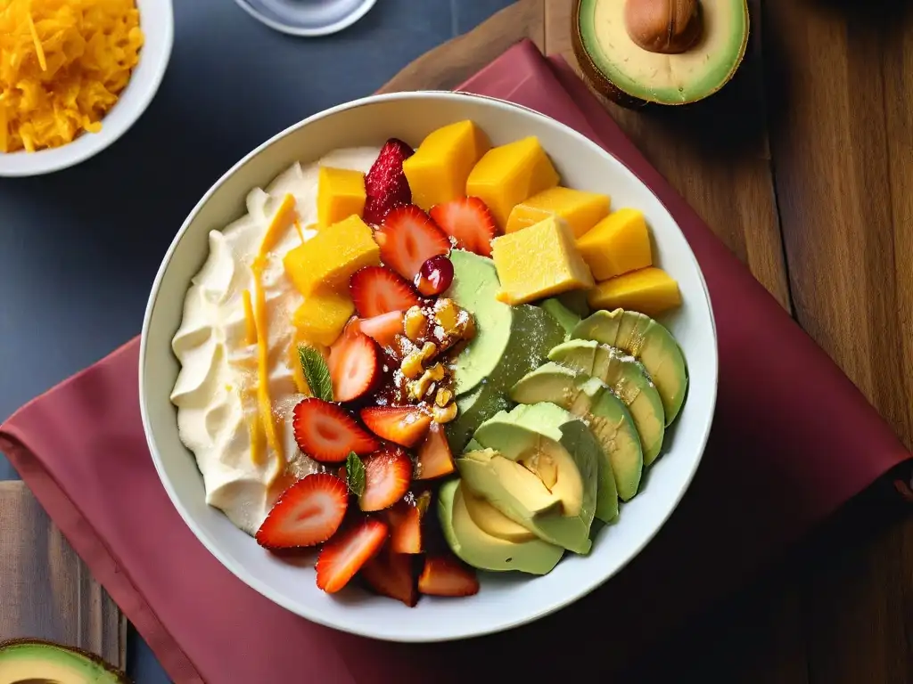 Detallada imagen de postre Es Teler tradicional con capas de aguacate, coco, y frutas tropicales, bañado en leche condensada y coco tostado