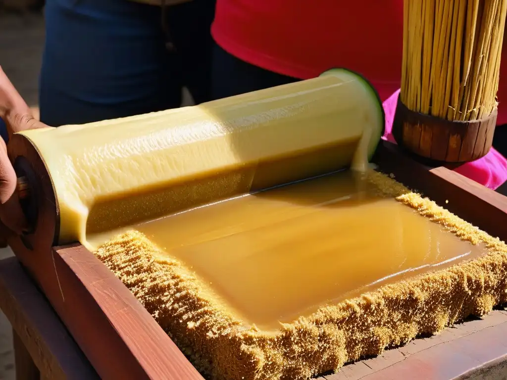 Detallada imagen de prensa tradicional exprimiendo jugo de caña para hacer panela en repostería tradicional