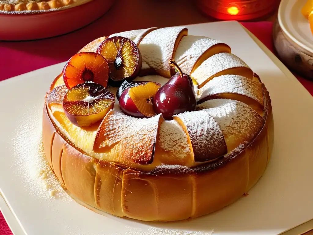 Detallada imagen de un Roscón de Reyes horneado, con una corteza dorada y frutas confitadas, significado Roscón Reyes cultura española