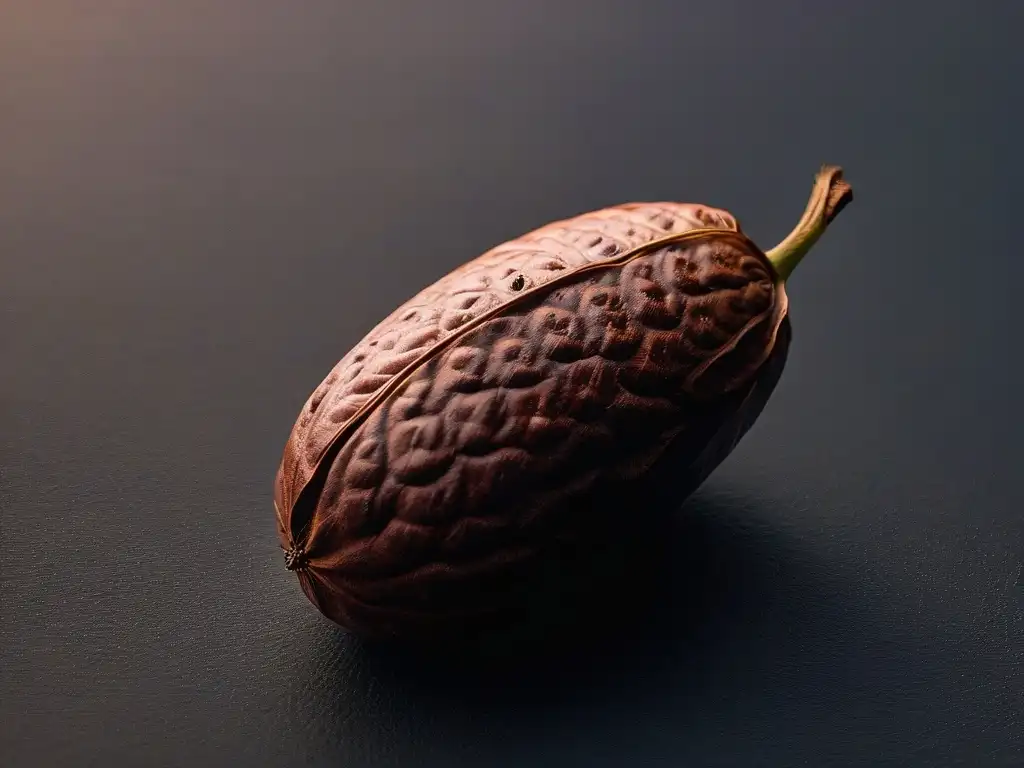 Detallada imagen de una sola semilla de cacao, resaltando su textura intrincada y color marrón bajo luz natural