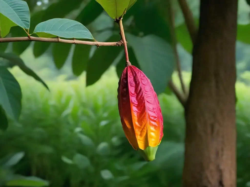 Detallada imagen de una sola vaina de cacao madura en un árbol, resaltando colores vibrantes y texturas intrincadas