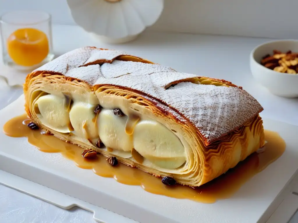 Detallada imagen de un strudel de manzana recién horneado, con capas doradas y relleno de manzana, pasas y canela