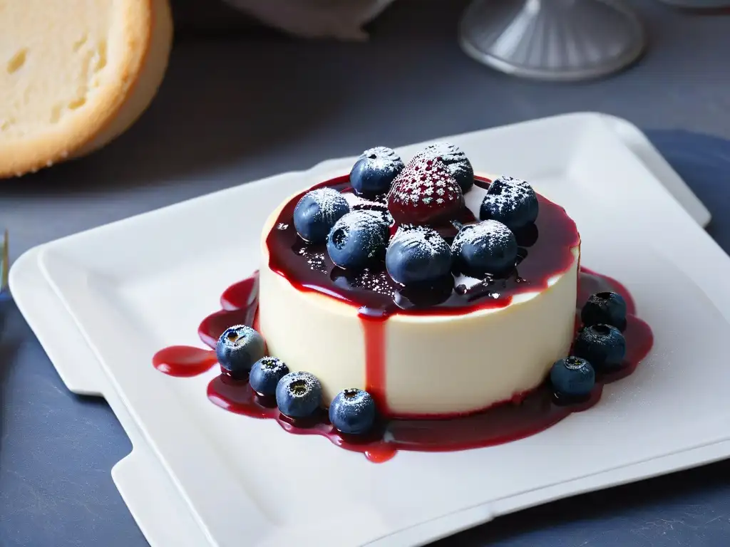 Detallada imagen de una mini tarta de queso con salsa de arándanos, resaltando su textura y sabor