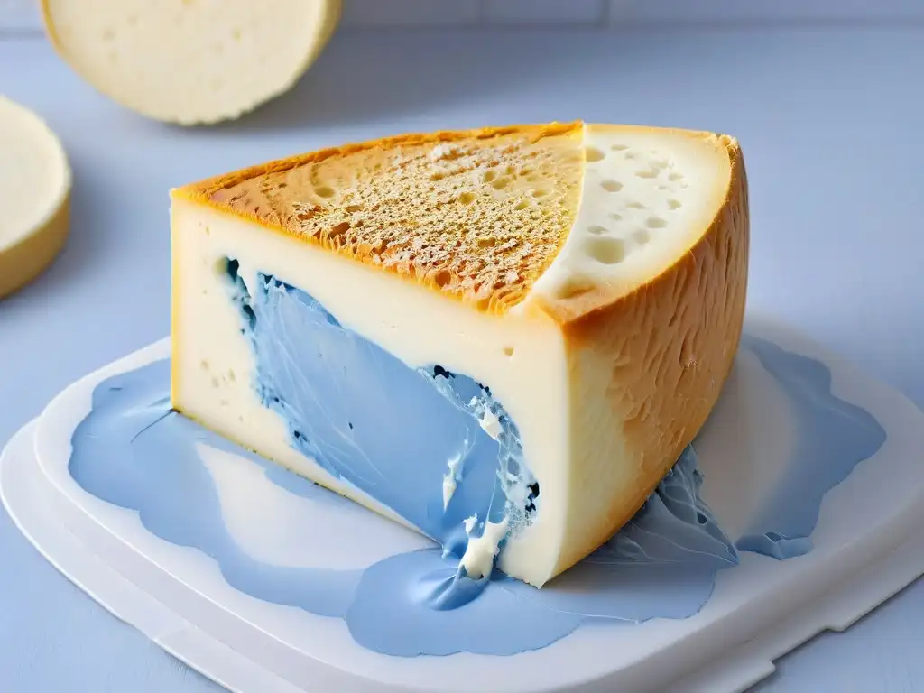 Detallada imagen de un trozo de queso Stilton, con vetas azules sobre textura cremosa blanca