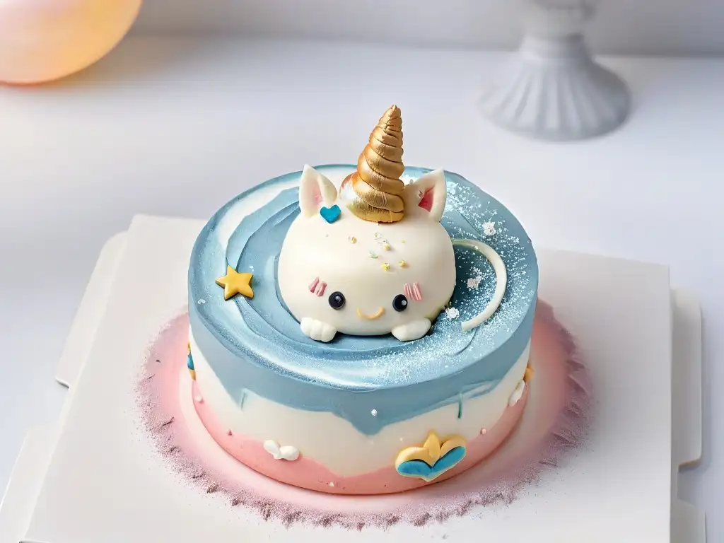 Detallada imagen de un macaron unicornio pastel sobre mármol blanco, con brillo comestible y estrellas de fondant, emanando fantasía