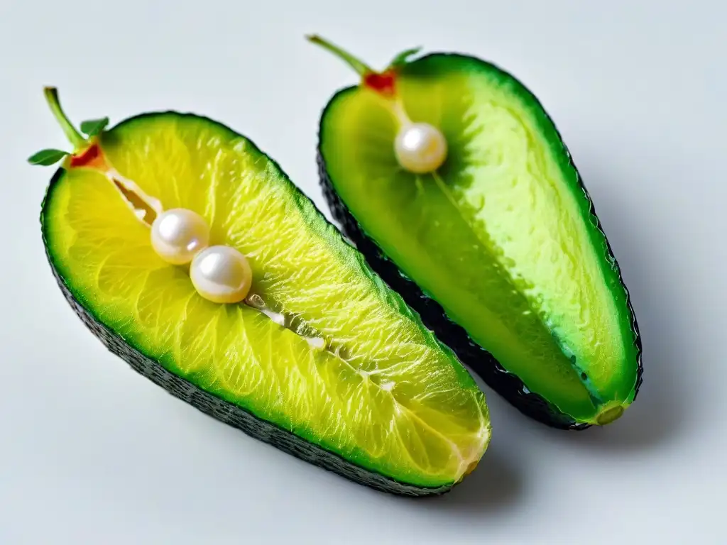 Finger Lime: Exótica frescura en perlas verdes Detallada imagen de un Finger Lime verde, revelando sus perlas, en fondo blanco