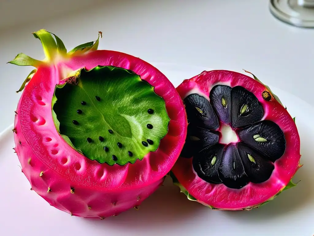 Detallada imagen de pitahaya vibrante en repostería moderna, con sus colores fucsia y verde, resaltando su exótica textura y patrón único