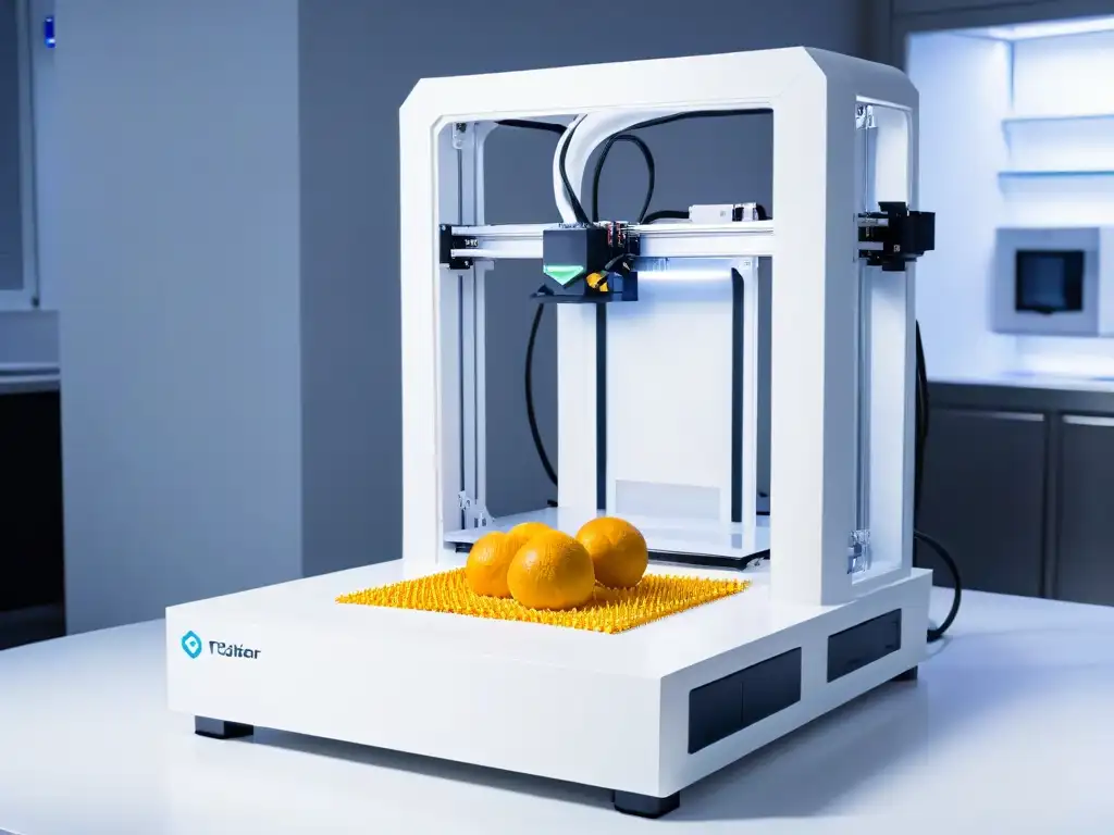 Detallada impresora 3D futurista para postres en un ambiente minimalista blanco