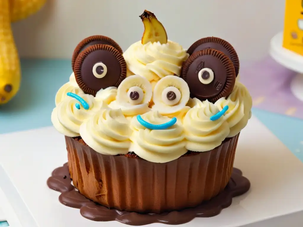 Monstruoso muffin de plátano: ilustración detallada y minimalista Ilustración detallada y minimalista de un divertido monstruo de muffin de plátano, perfecto para recetas de repostería infantil divertidas