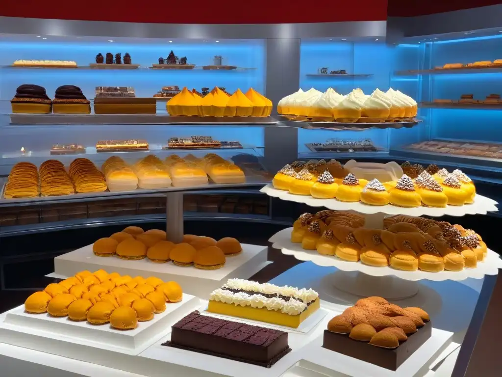 Detallada ilustración de una pastelería moderna, fusionando tradición e innovación en exquisitos postres