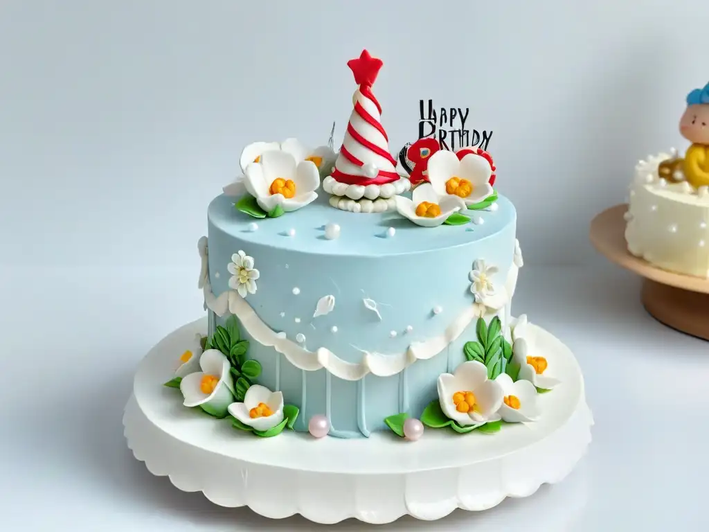 Pastel decorado: detalle excepcional de tarta de cumpleaños infantil Detallada decoración de pasteles infantiles tendencias con figuras y flores en tonos pastel
