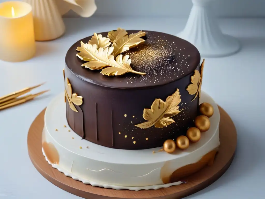 Detallada pintura comestible en un lujoso pastel de chocolate, destacando pinceladas y detalles brillantes