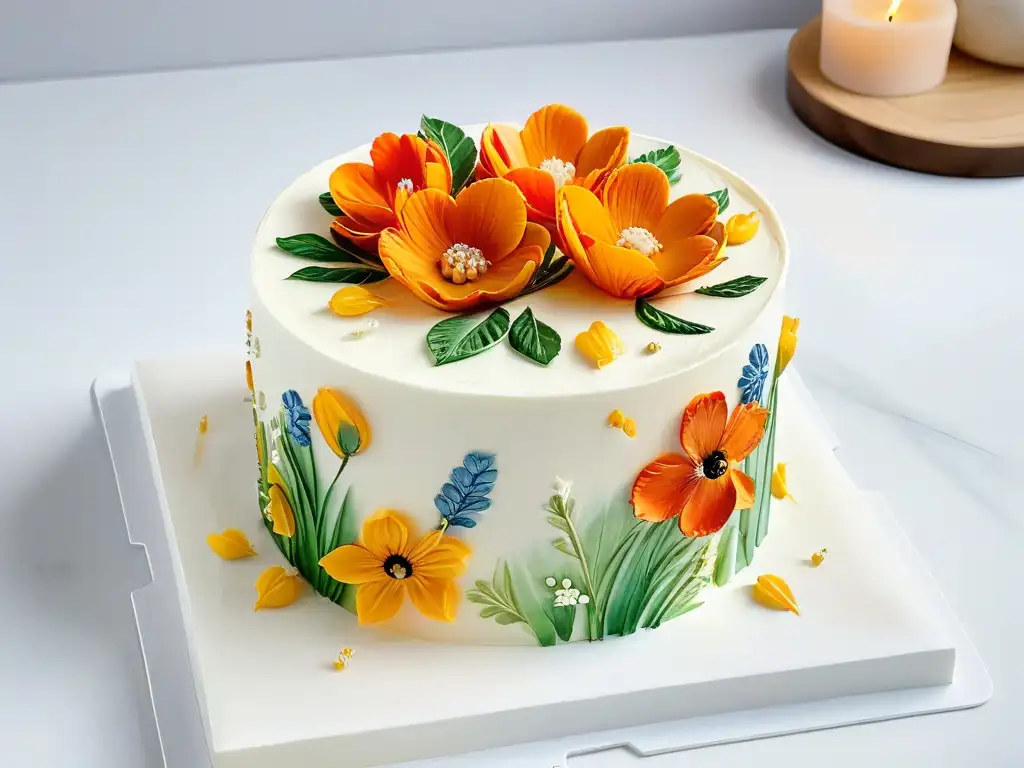 Detallada pintura comestible para repostería creativa en un elegante pastel de acuarela con diseño floral sobre mesa de mármol blanco