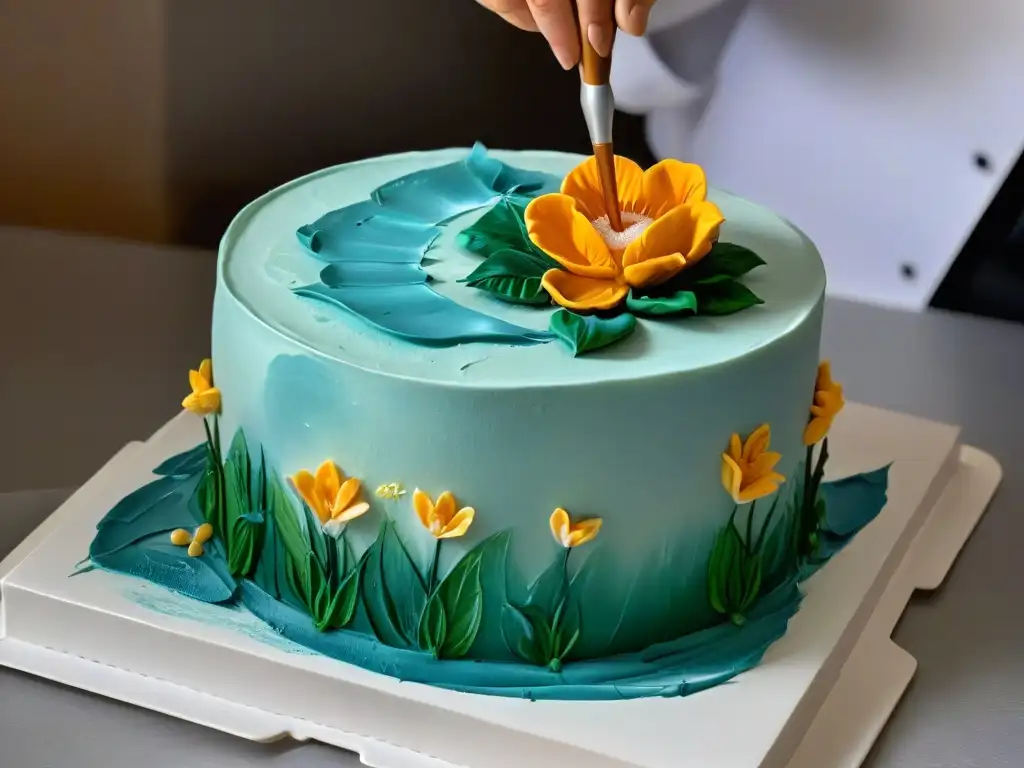 Detallada pintura de flor de fondant con colores comestibles, manos expertas aplicando meticulosamente detalles