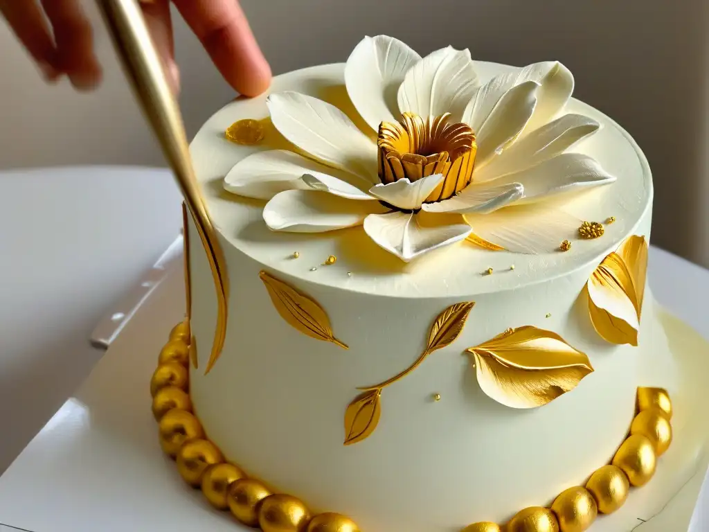 Delicada flor de azúcar pintada con oro comestible Detallada pintura con pan de oro en flor de azúcar, muestra técnicas de pintura comestible avanzadas