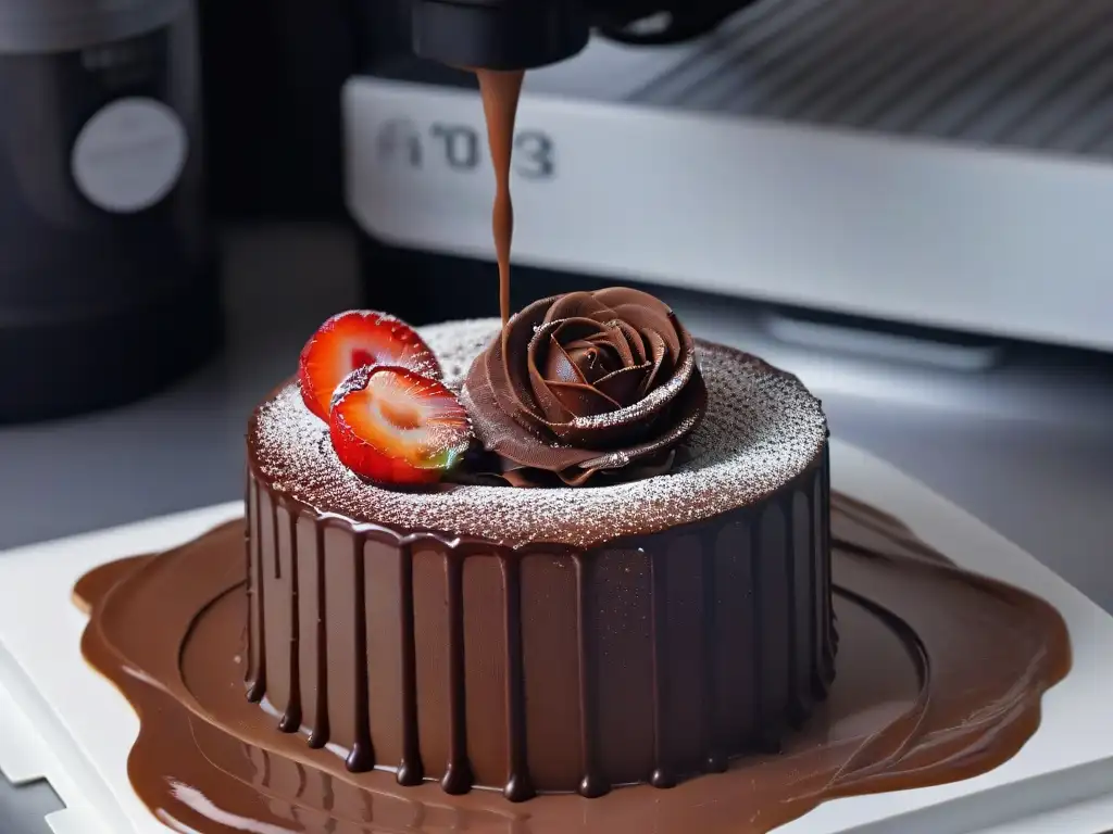 Detallada impresión 3D de postres: boquilla extrayendo capas de chocolate sobre un postre, fusionando tecnología y arte culinario