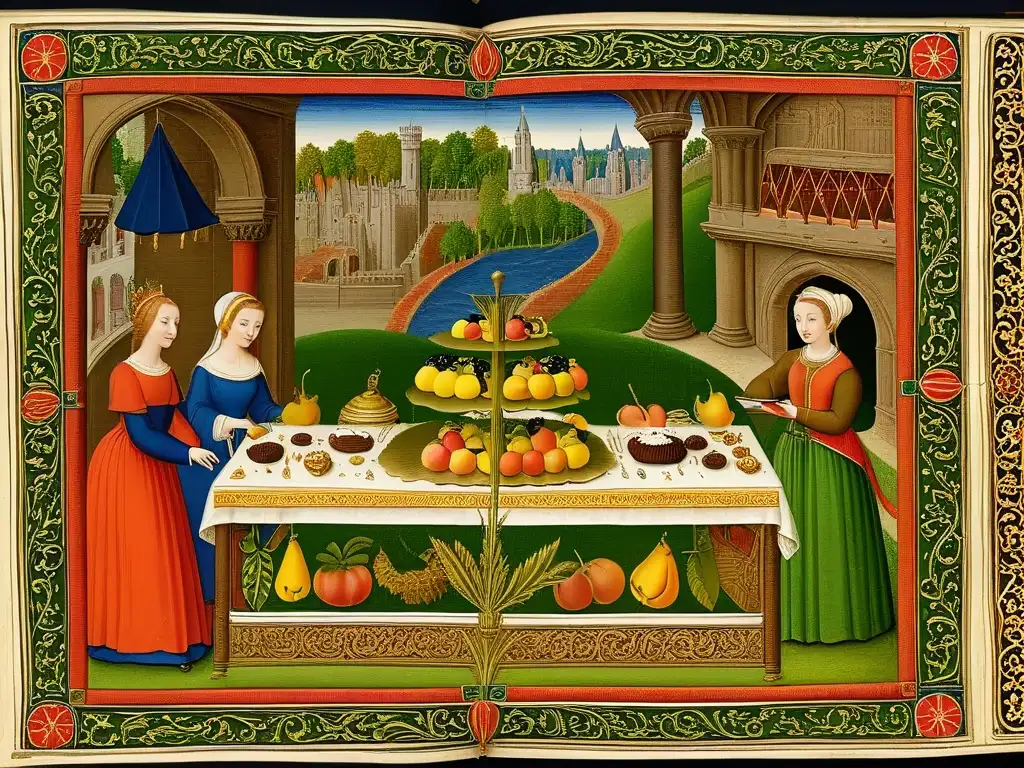 Ilustración detallada de postres de frutas en festines medievales, resaltando la evolución histórica