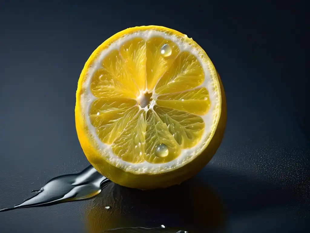 Detallada rodaja de limón con gotas de agua, sobre superficie negra mate