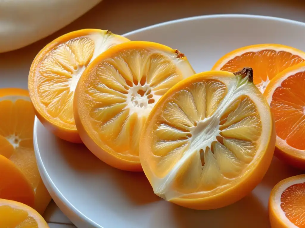 Detallada rodaja de lúcuma fresca, revelando su vibrante pulpa naranja con patrones y texturas, sobre fondo blanco