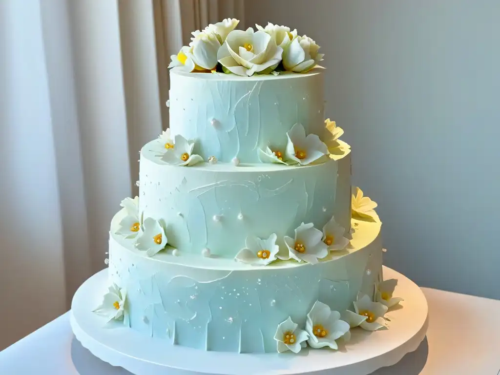 Detallada tarta de bodas blanca con encaje, flores de azúcar y perlas comestibles, perfecta para celebraciones