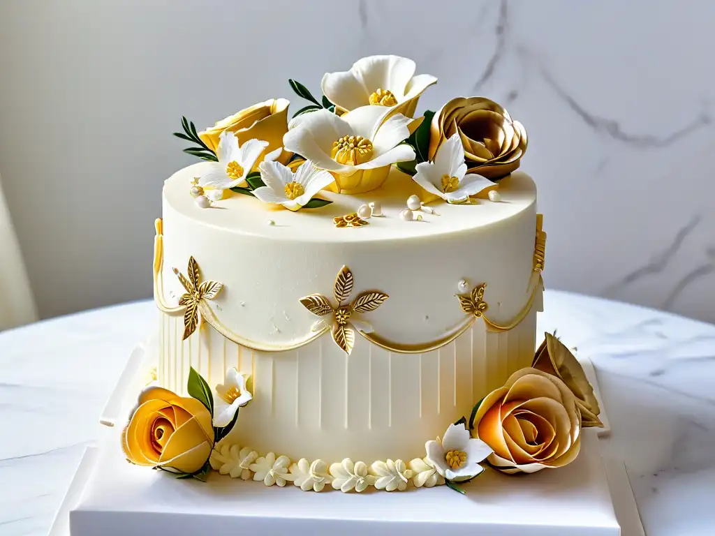 Detallada tarta de bodas con flores de azúcar, detalles en oro y una elegante estufa inducción para repostería creativa