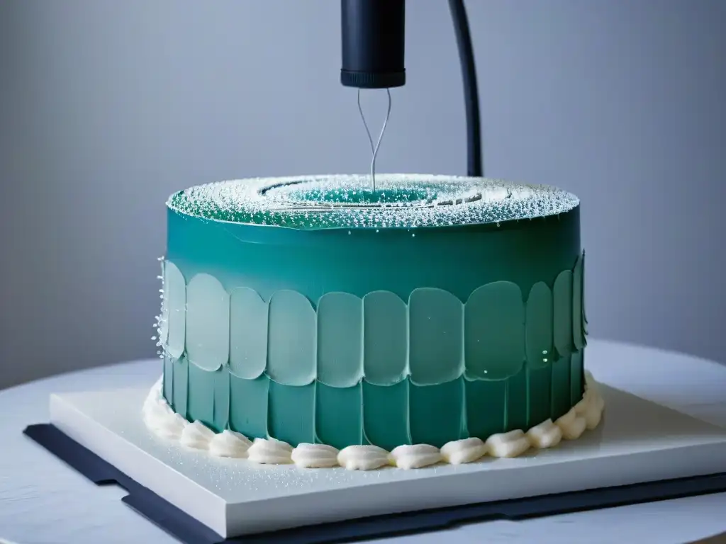 Detallada decoración de tarta con impresora 3D, creando escultura de azúcar ornamental en luz suave