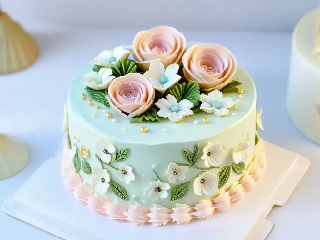 Detallada decoración en fondant de una torta con flores de azúcar y detalles en oro comestible en tonos pasteles