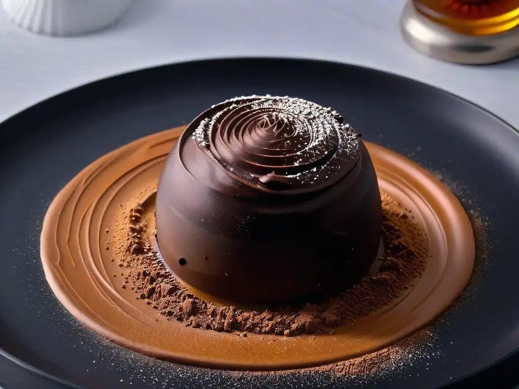 Detallada trufa de chocolate gourmet con brillo y swirls de cacao, en plato negro mate