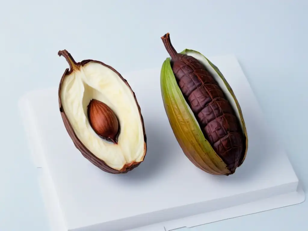 Ilustración detallada de una vaina de cacao éticamente obtenida, con granos de cacao oscuros