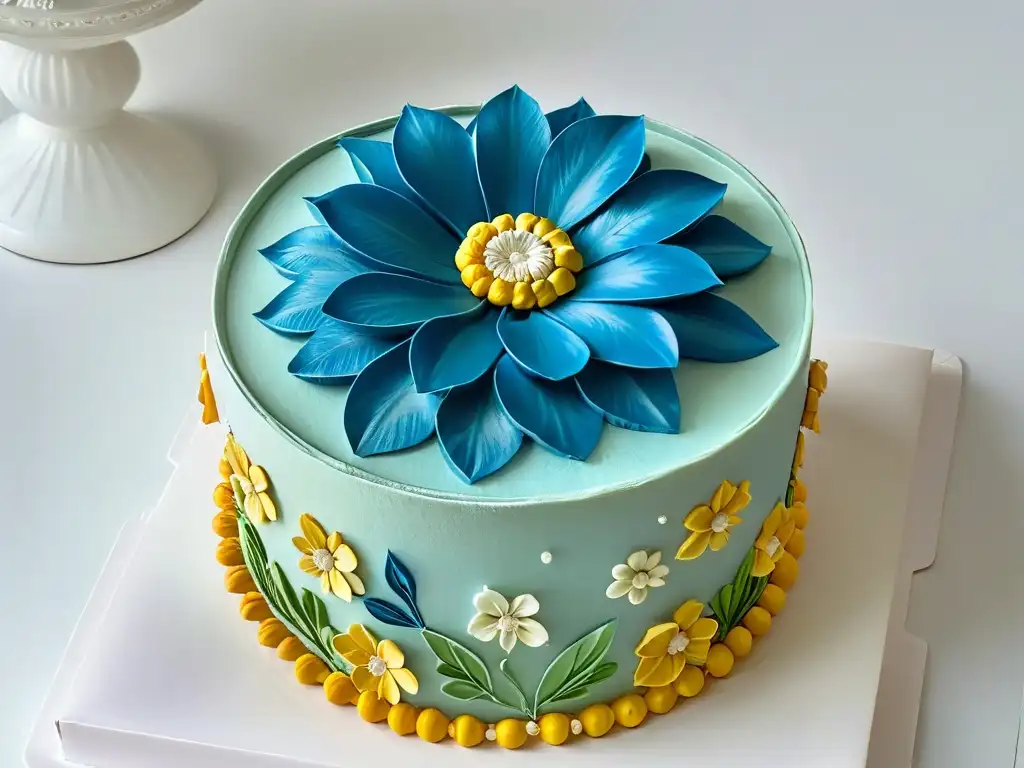 Un detallado adorno floral de azúcar en un exquisito pastel, destacando la artesanía de certificaciones internacionales repostería career global