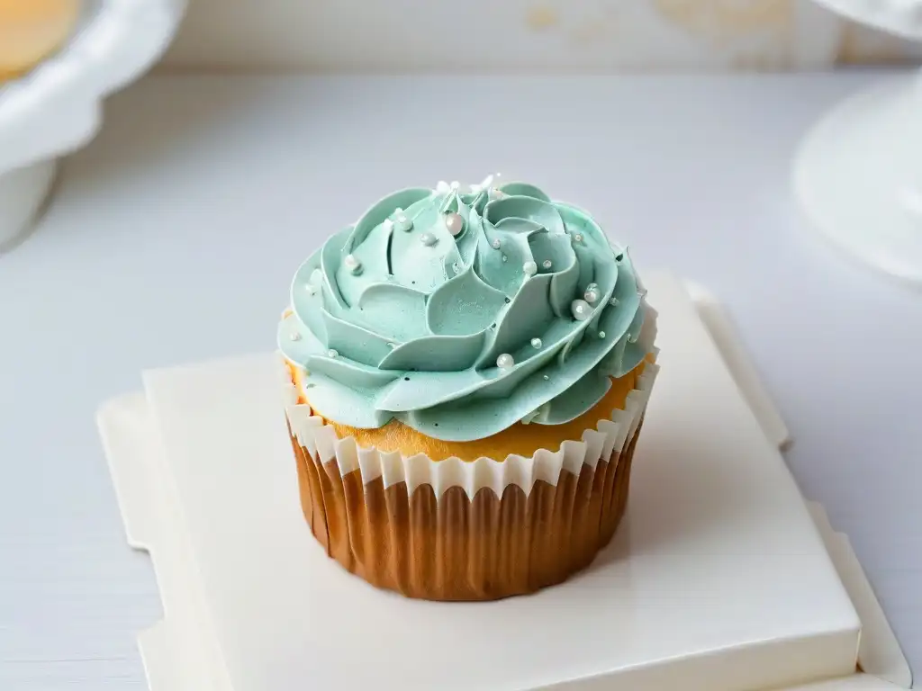 Detallado cupcake artístico con decoraciones temáticas y perlas comestibles, en un elegante fondo moderno