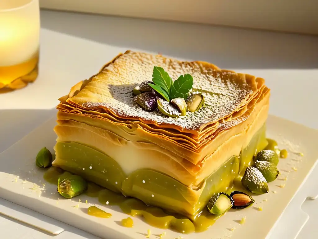 Un baklava exquisitamente detallado y dorado, con nueces, miel y pistachos, en una elegante vajilla blanca iluminada por el sol