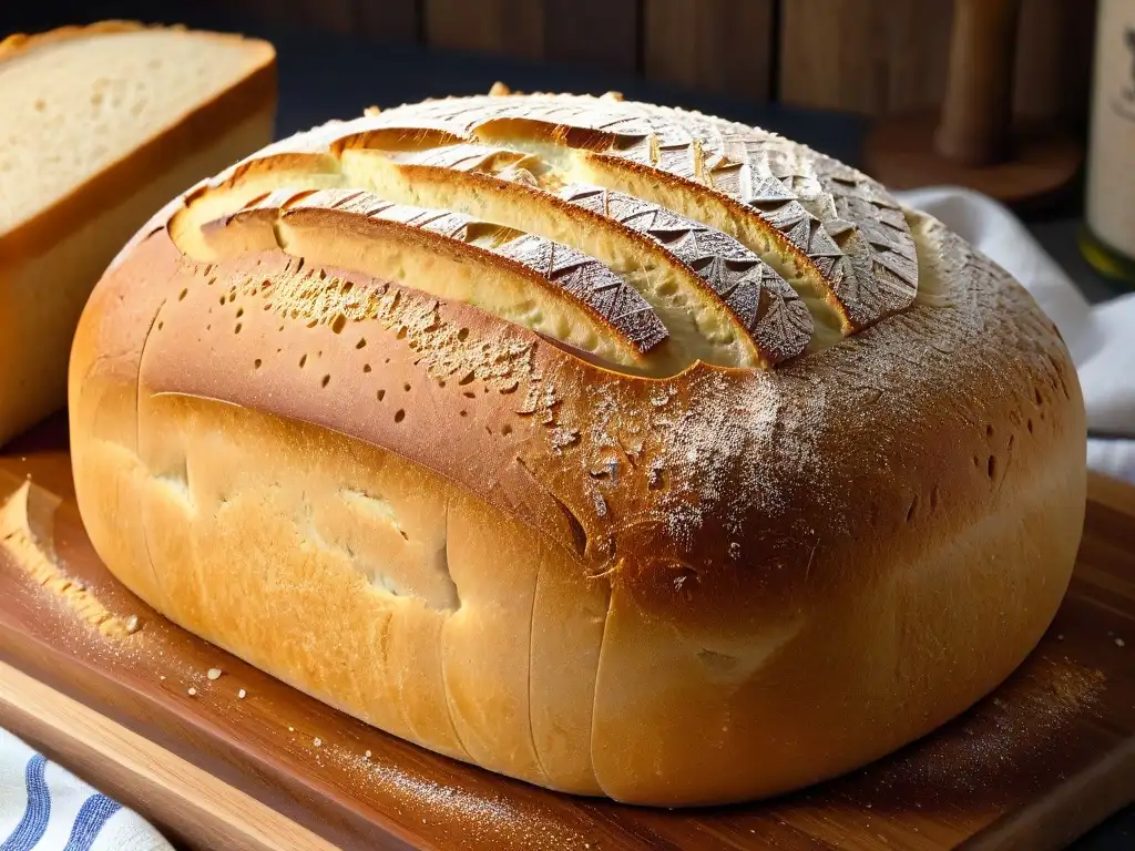 Pan de masa madre vegano: detalle artesanal y natural Detallado pan de masa madre vegano, con patrones en la corteza dorada y grietas sutiles, sobre tabla rústica