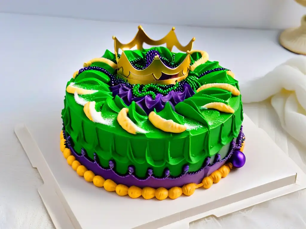Un detallado pastel de rey de Mardi Gras con decoraciones coloridas en morado, verde y dorado