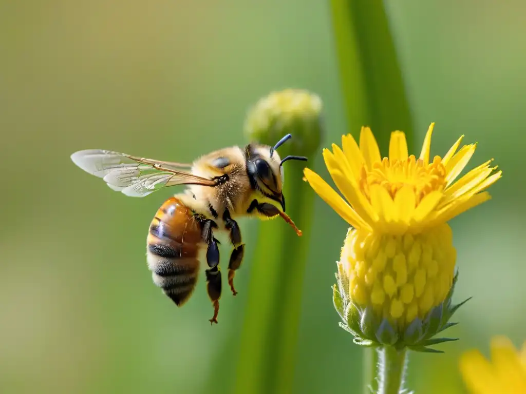 Bee cubierta de polen amarillo en campo de flores Detalle de abeja cubierta de polen amarillo en campo florido, resaltando beneficios polen abeja postres
