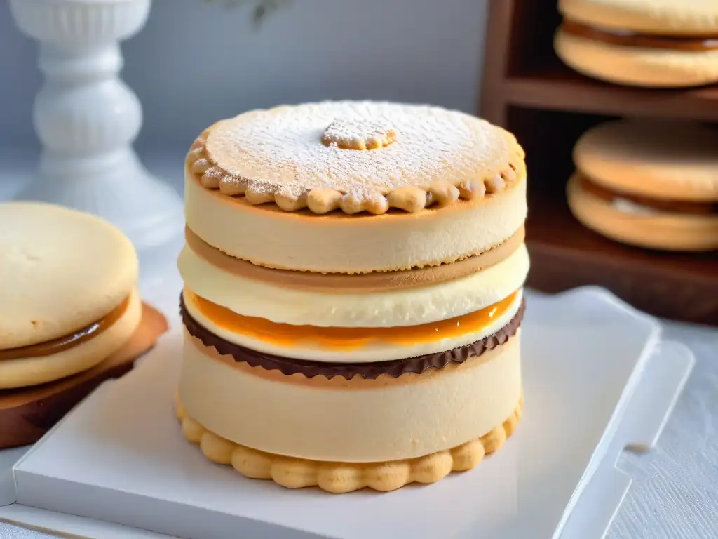 Detalle de un alfajor tradicional sudamericano, mostrando sus capas y relleno de dulce de leche