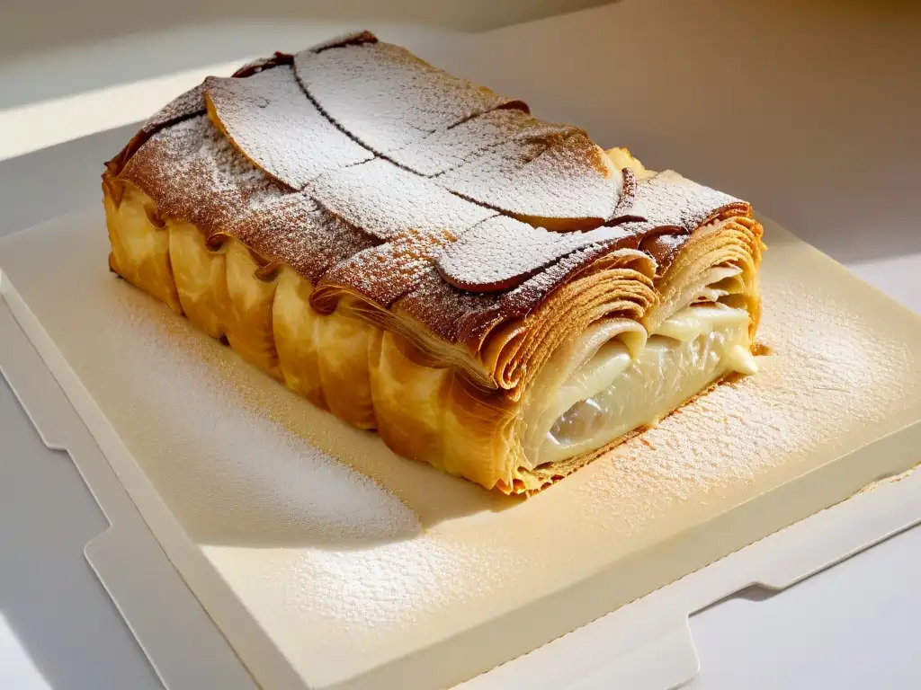 Detalle de un apetitoso strudel de manzana recién horneado con capas doradas y relleno de manzana caramelizada, evocando calidez y aroma tentador