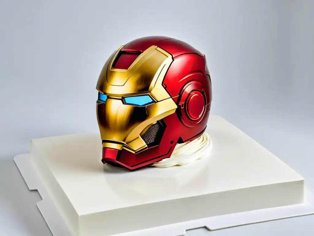 Detalle artesanal del casco de Iron Man en un pastel, fondo blanco