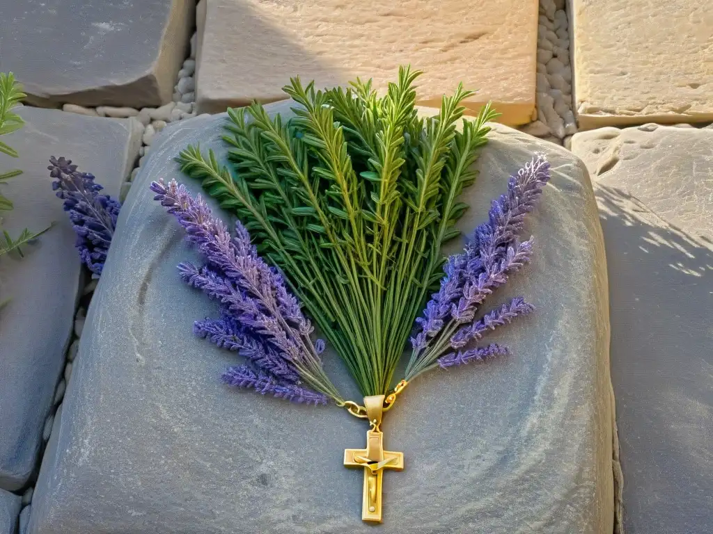 Detalle artesanal: un rosario entrelazado con lavanda fresca, sobre muros de piedra bañados en luz dorada