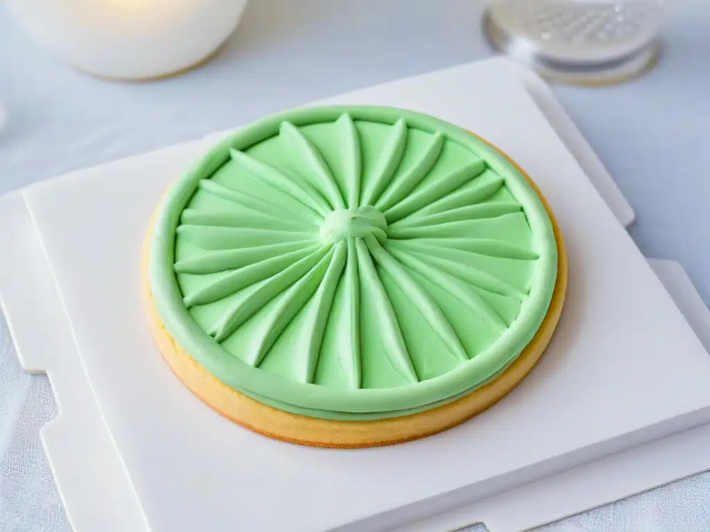 Detalle artístico de una galleta decorada con colores vibrantes y detalles intrincados, en una elegante vajilla blanca