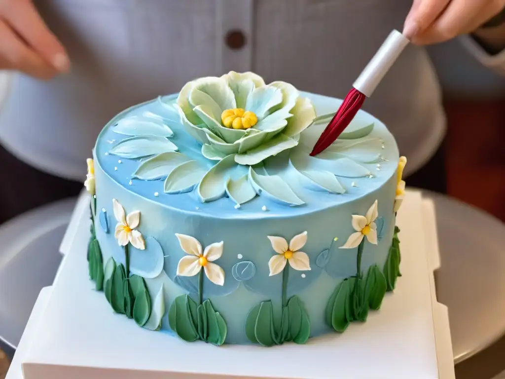 Detalle artístico: manos de repostero decorando con precisión un pastel sin gluten con flores y diseño elaborado