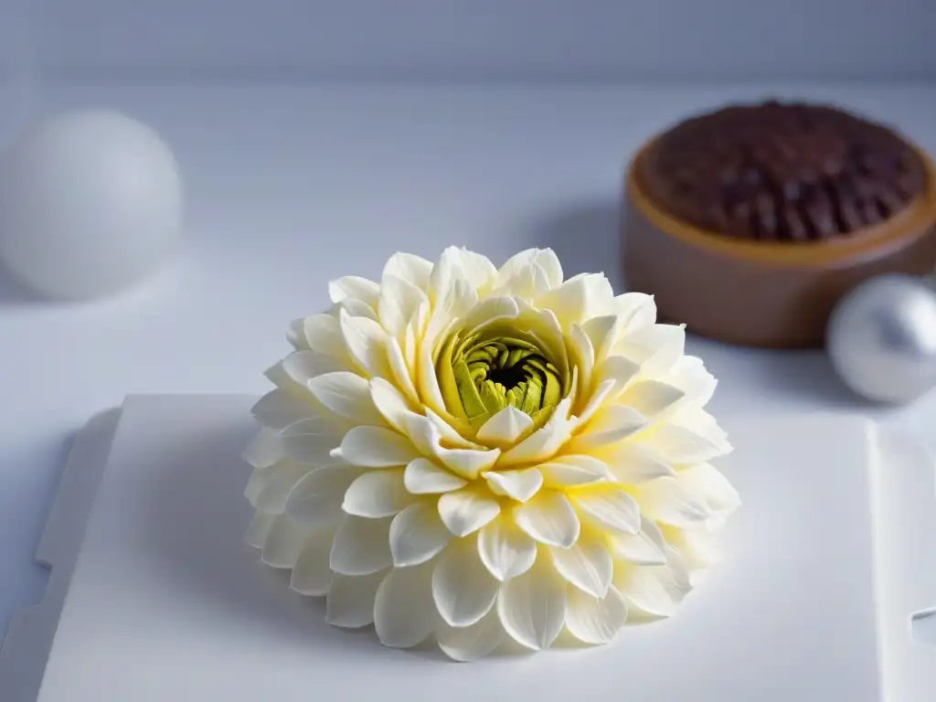 Detalle asombroso de flor de azúcar elaborada con arte en repostería, fusionando tradición e innovación en la creación de Jordi Roca