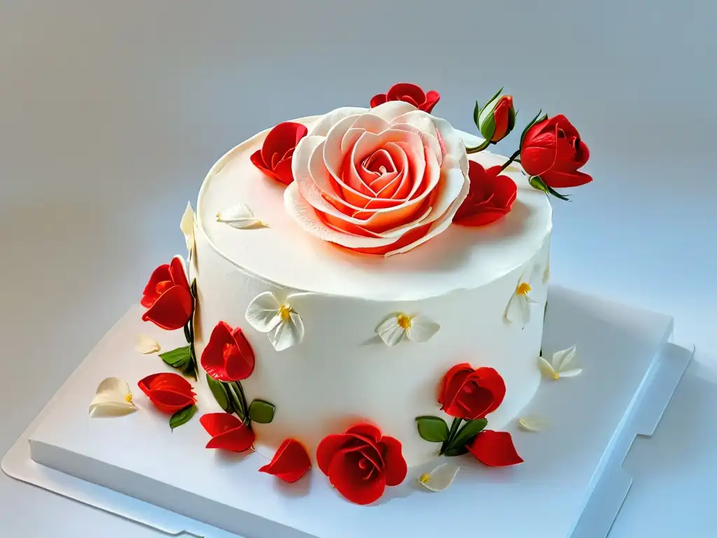 Un detalle asombroso de una rosa en fondant sobre un pastel blanco