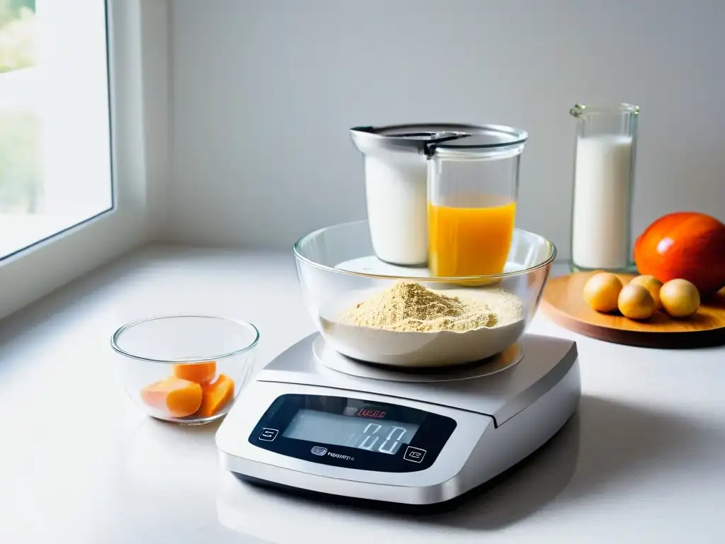 Detalle de balanza de cocina minimalista mostrando medidas precisas de harina sin gluten en tazones transparentes, en cocina moderna