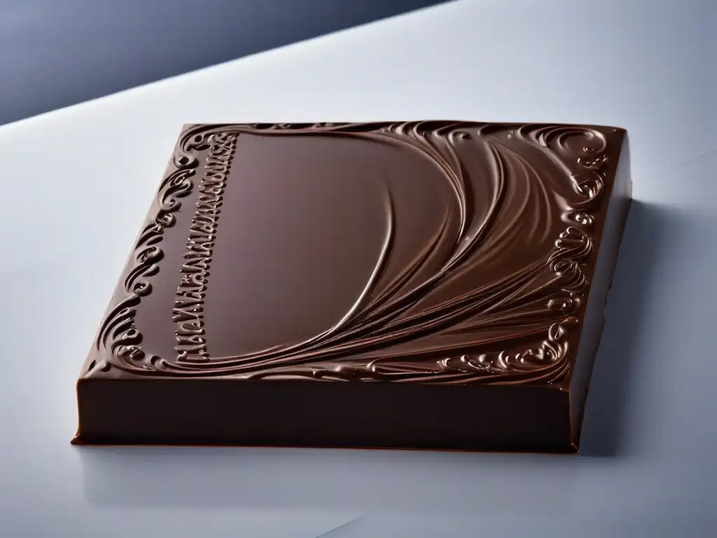 Detalle de una barra de chocolate brillante y perfectamente templada, con patrones y remolinos intrincados