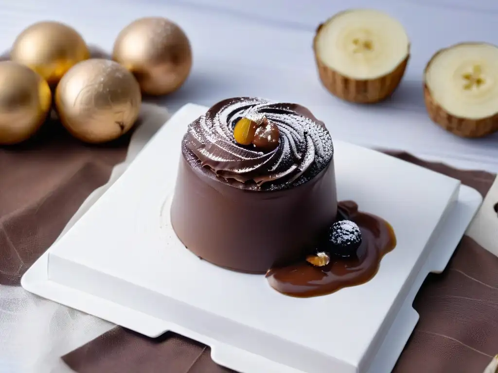 Detalle de un bombón casero relleno de ganache de avellana, en elegante blanco y negro